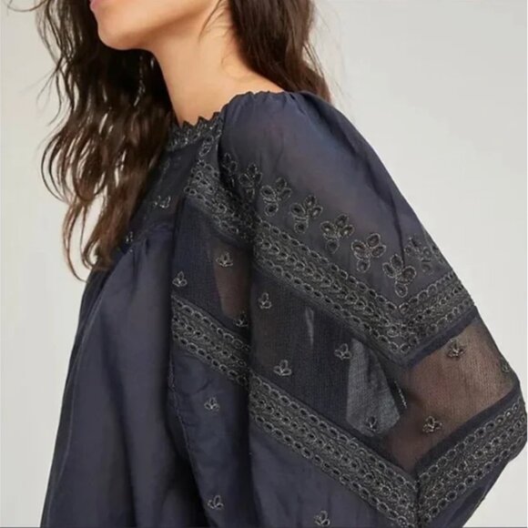 Anthropologie Rare Jaslyn Embroidered Lace Blouse Navy Gold Size Large - Picture 3 of 10